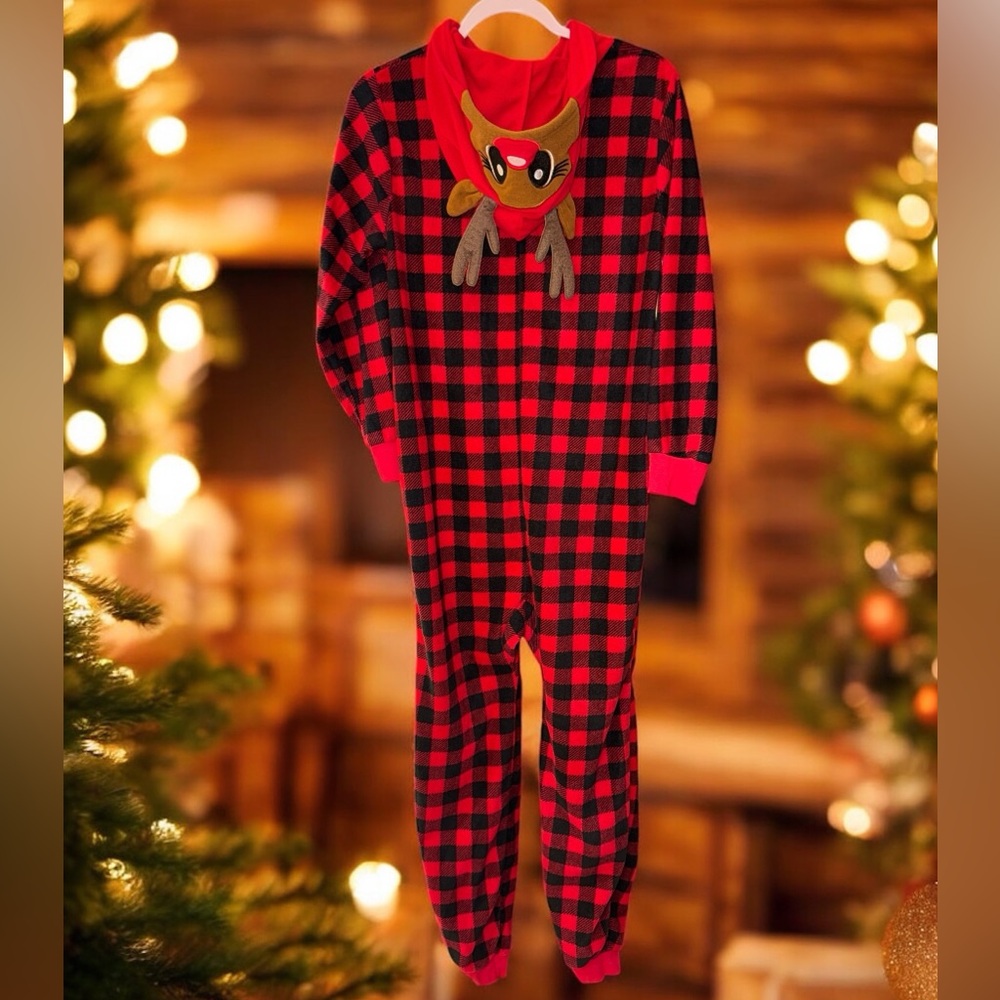 EUC! PJs & Presents Women’s Buffalo Plaid Onesie Pajamas Medium Hooded Reindeer
